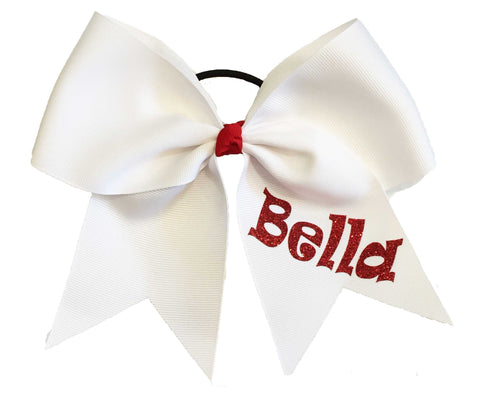 personalized cheer bow | White bow red glitter | Bella Cheer Bow