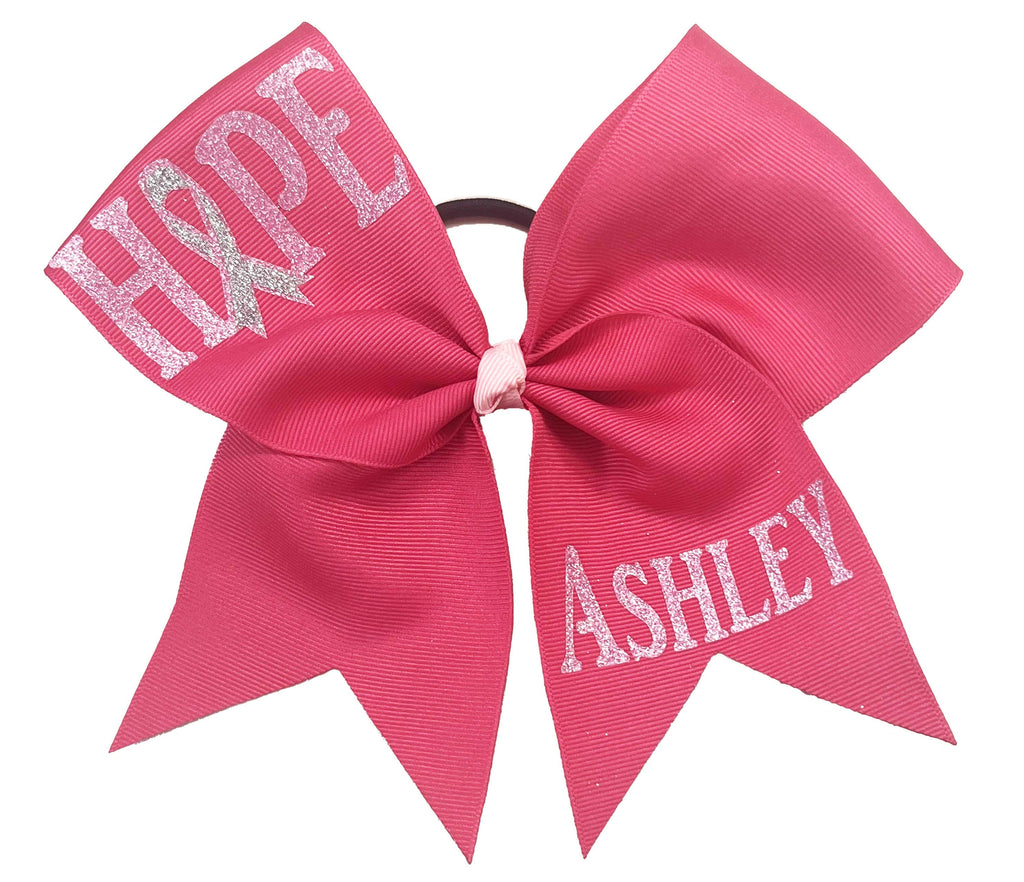 Shockig Pink breast cancer hair bow with 'Hope' and 'Ashley' text on a white backgroundg