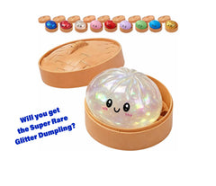 Glitter dumpling toy with a woven lid and colorful buttons on a white background