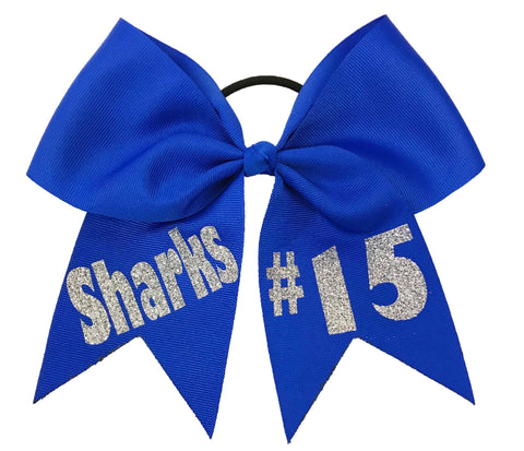 Electiric Blue bow with 'Sharks' and '#15' text on a white background