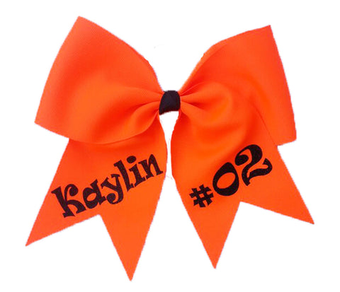 Neon Orange hair bow with 'Kaylin' and '#02' text on a white background