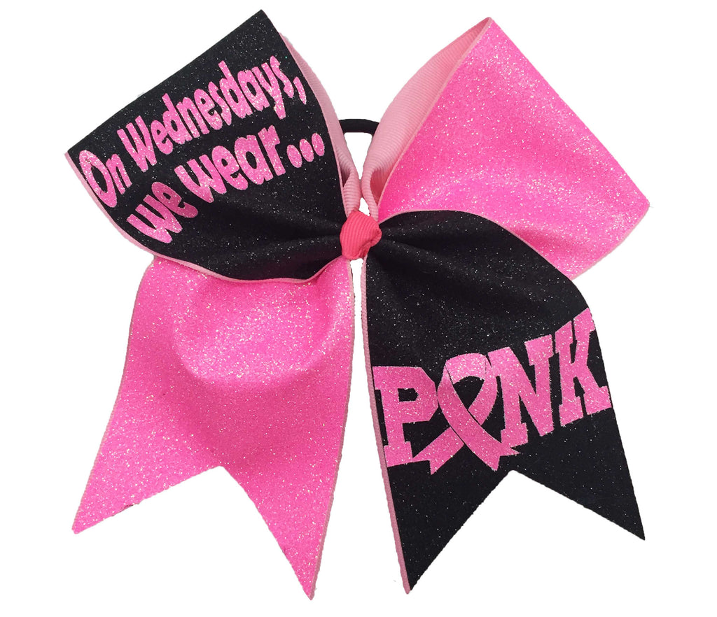 "On Wednesday we wear Pink" Pink and black cheer bow with 'PINK' text on a white background