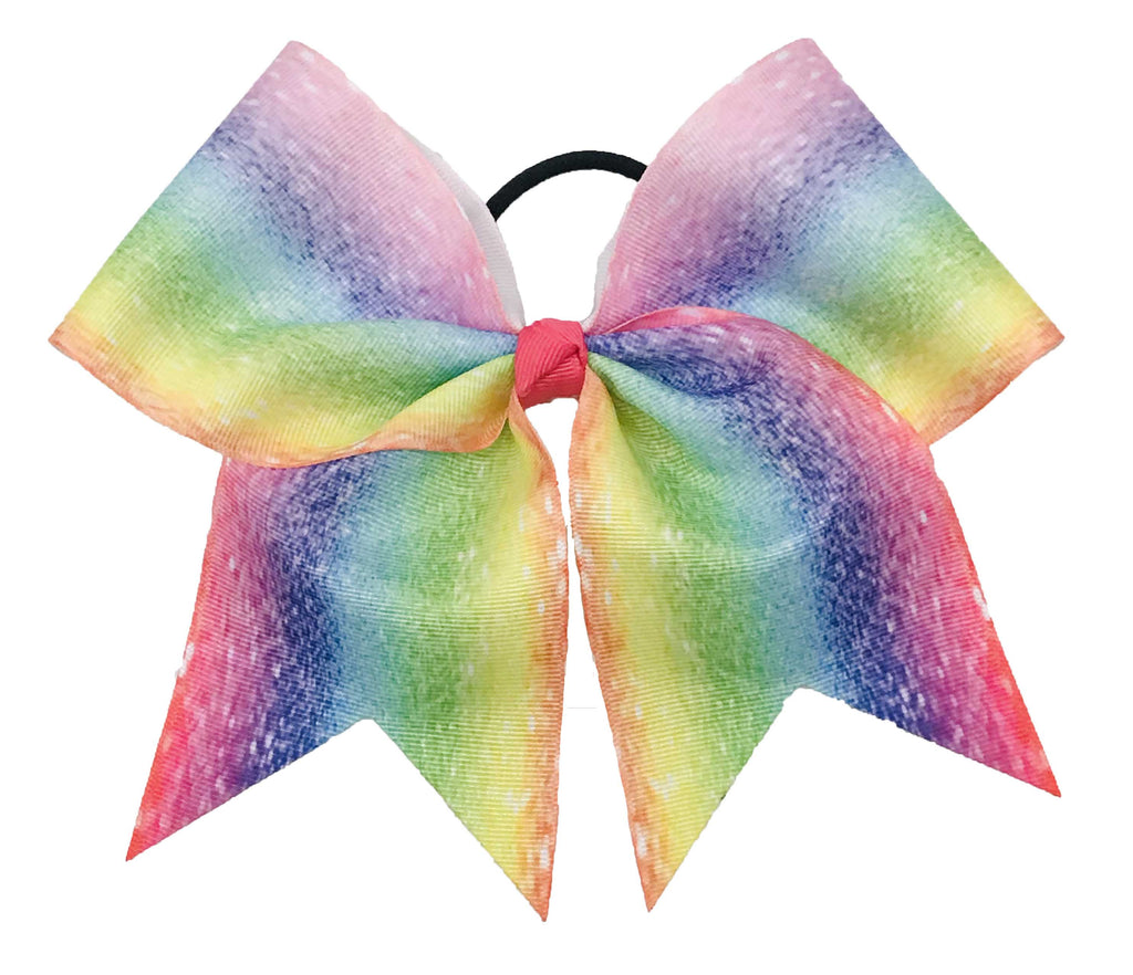 Multicolored rainbow ribbon sublimated cheer hair bow on a white background