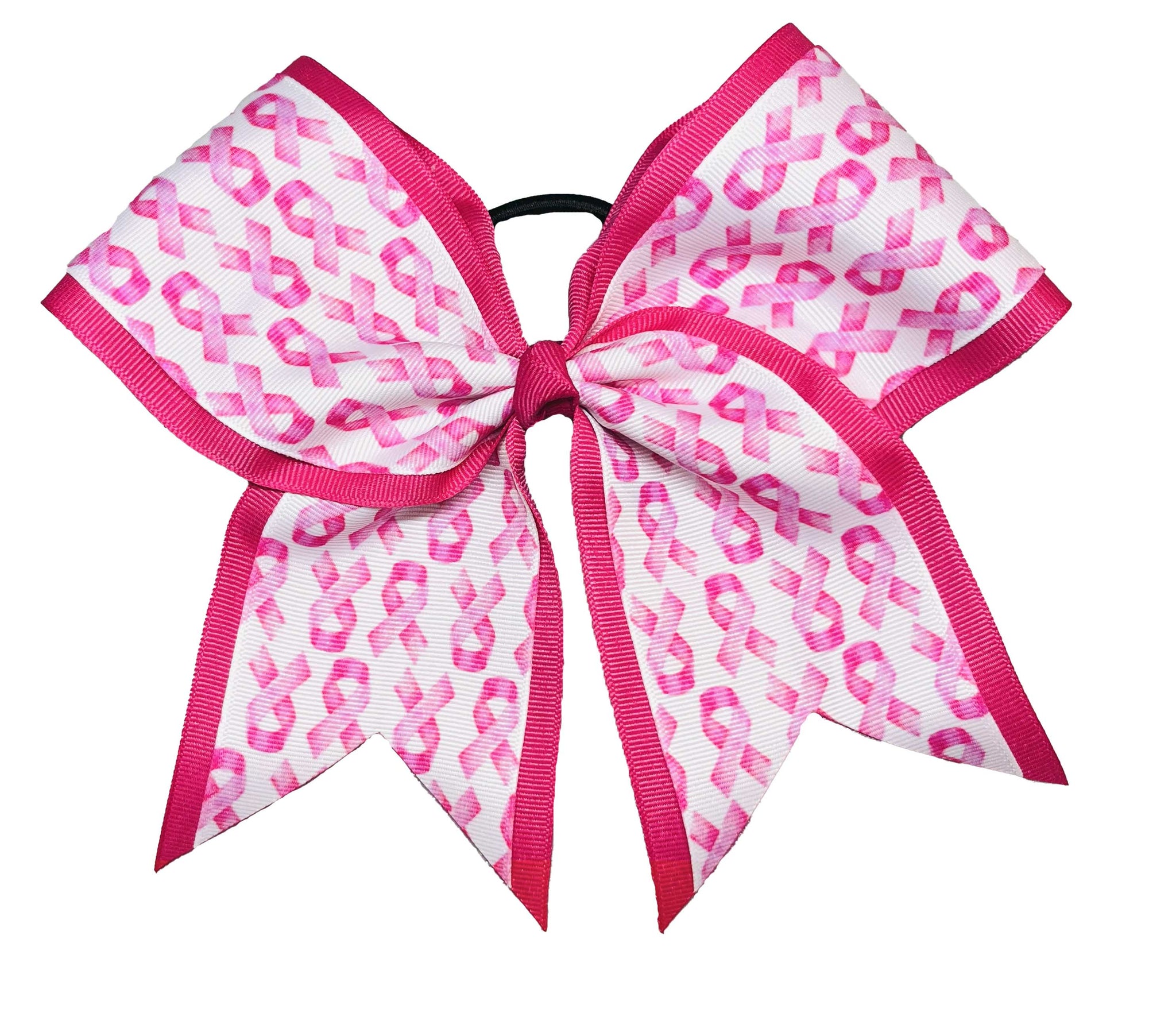 Pink and white breast cancer cheer bow with a pattern on a white background