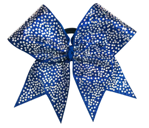 Royal Blue glittery cheer bow covered in crystal clear rhinestones on a white background