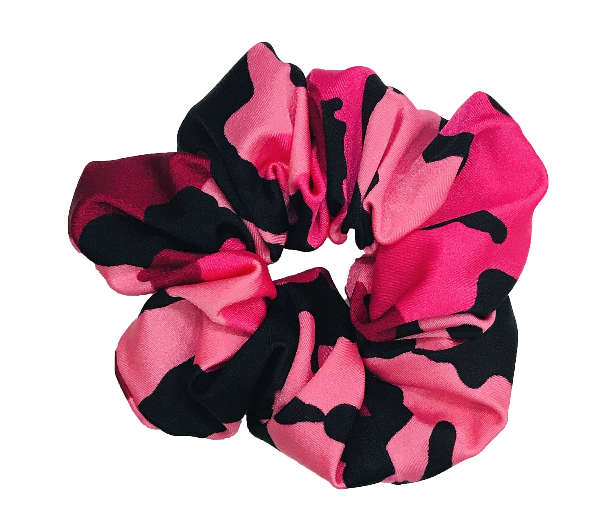 Pink and black scrunchie on a white background