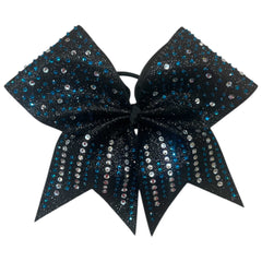 Black glittery bow with peacock and silver rhinestones on a white background