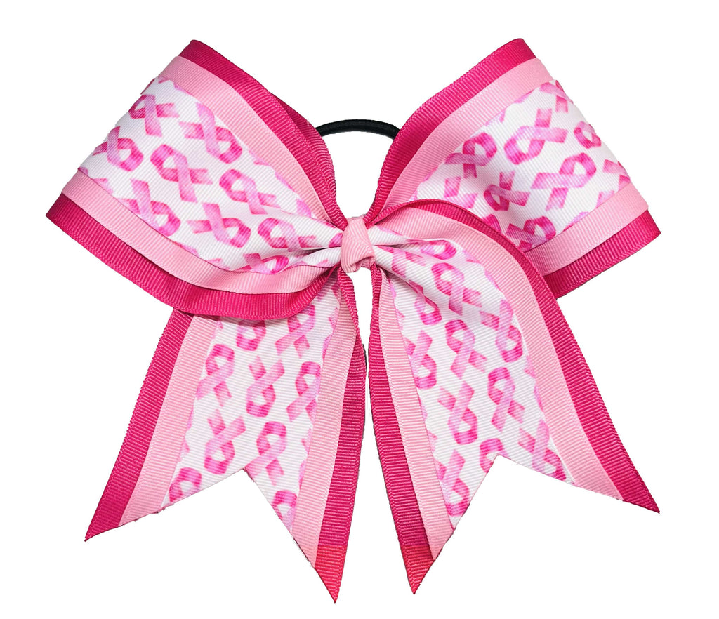 Pink and white ribbon bow with pink breast cancer ribbons pattern on a white background