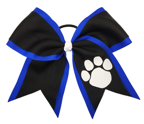 Black and electric blue cheer bow with a white paw print on a white background