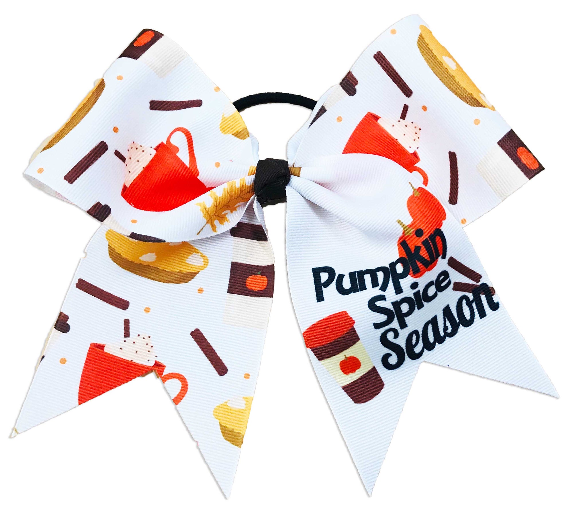 White cheer bow with fall pattern with "Pumpkin Spice Season" text on the right tall on a white background