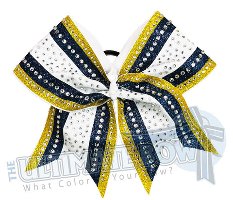 Navy, White and Yellow Gold Rhinestone and Glitter Cheer Bow | Regal Glam Rhinestone Glitter Cheer Bow | Cheer Competition Bows