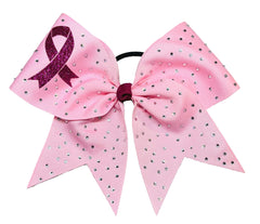 Pink hair bow with a Hot Pink Breast Cancer glitter ribbon on a white background