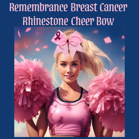Cheerleader in pink cheerleading outfit with a rhinestone bow featuring a pink ribbon, against a blue sky.