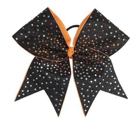Black and orange glittery bow with orange and silver rhinestones on a white background