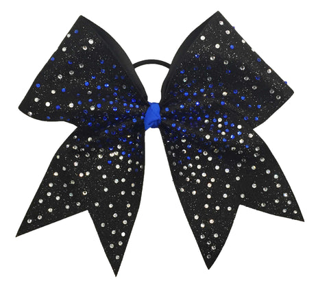 Black glittery bow with royal and silver rhinestones and a  blue center on a white background