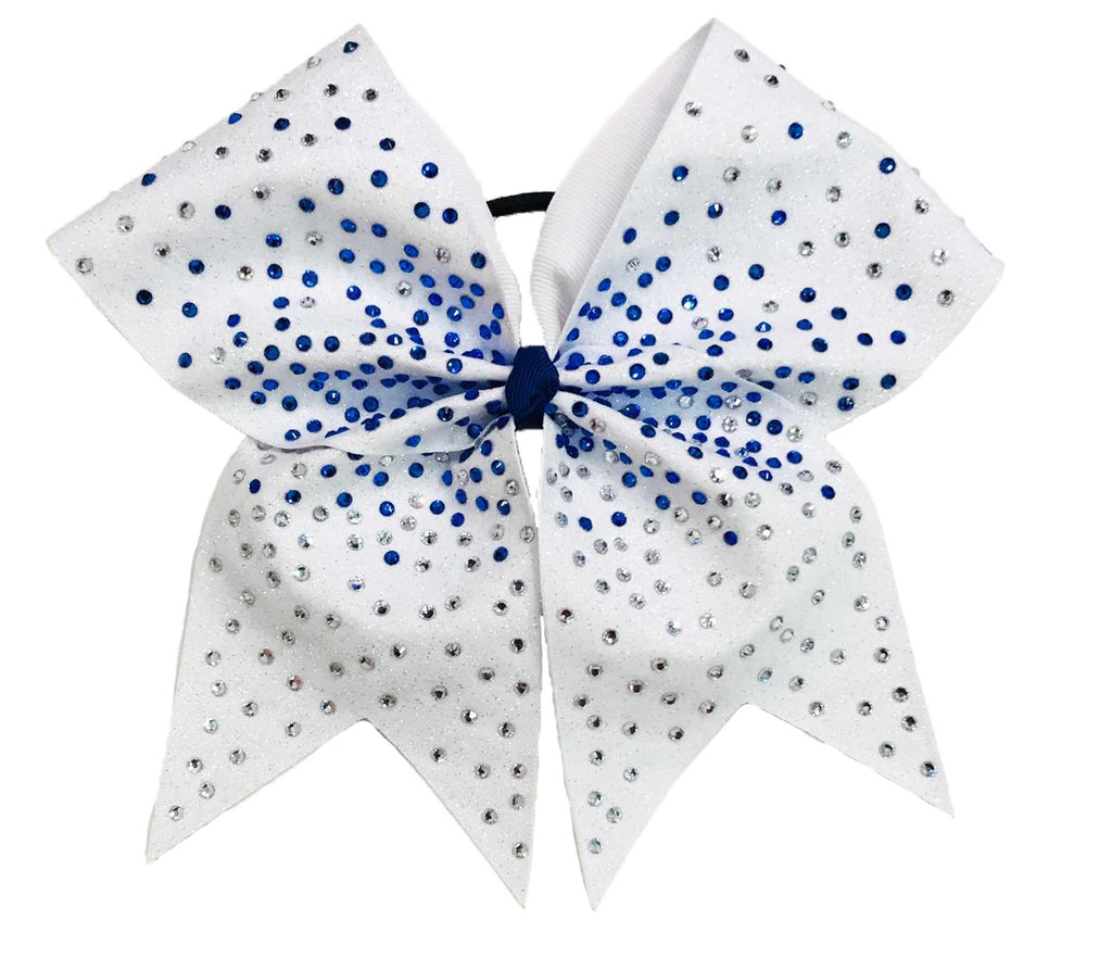 White cheer bow with blue and silver rhinestones on a white background