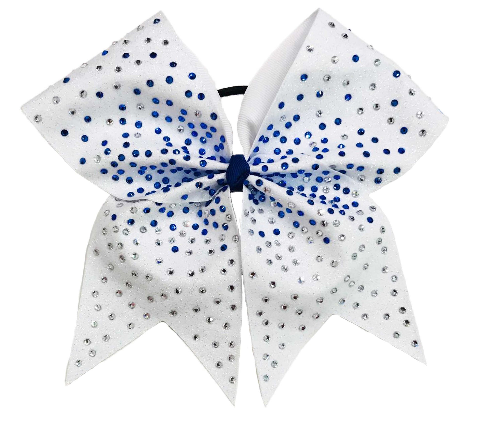 White cheer bow with blue and silver rhinestones on a white background