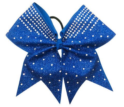 Royal Blue glittery hair cheer bow with rhinestones on a white background