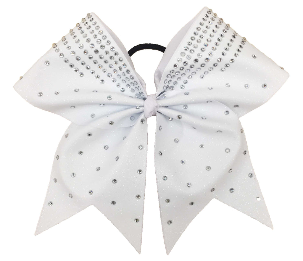 White glitter cheer bow with rhinestones on a white background