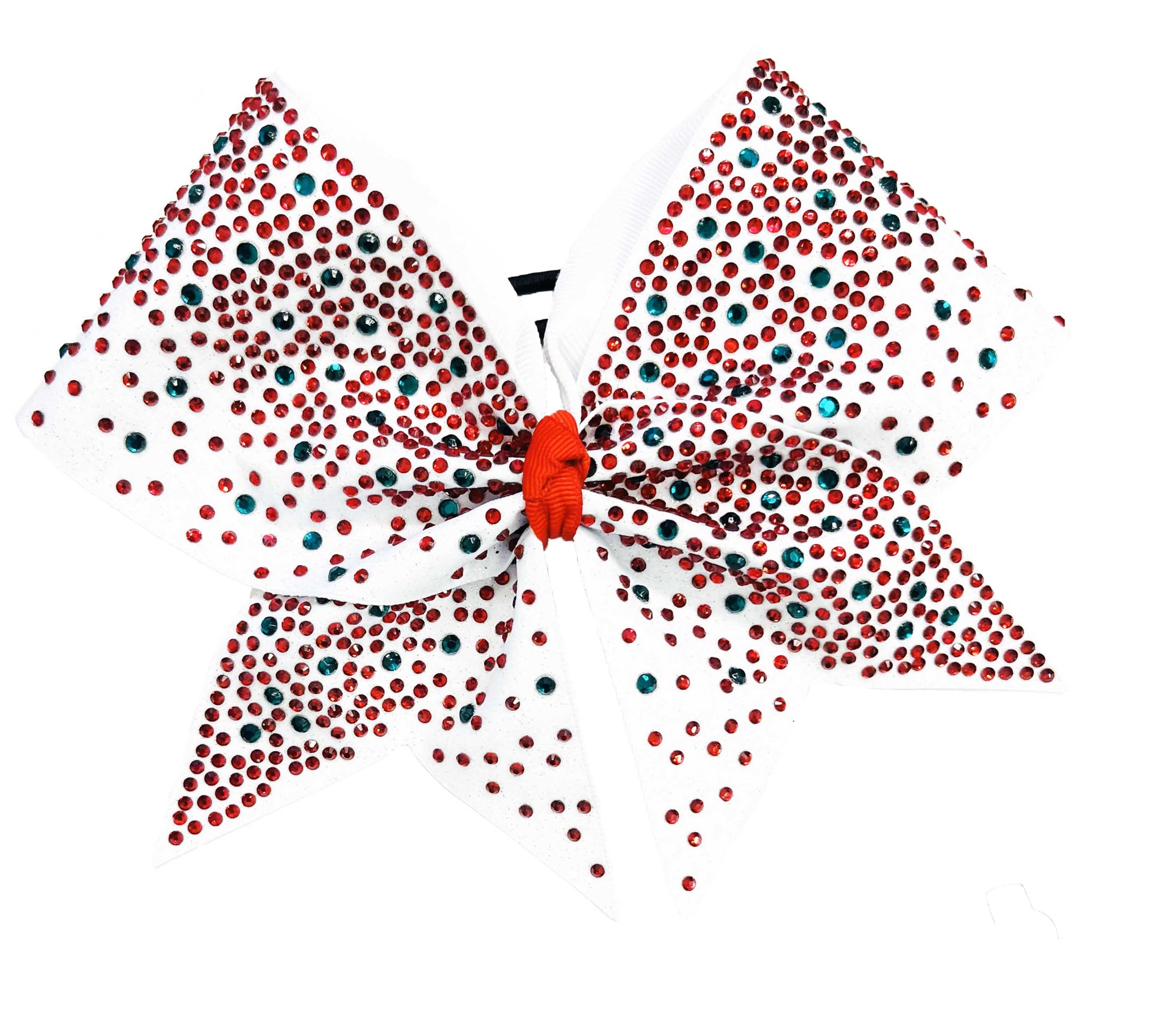 Rhinestone Intensity Christmas Cheer Bow | White Full Glitter | Covered in Red and Green Rhinestones | Competition Cheer Bow | Blinged Out Cheer Bow