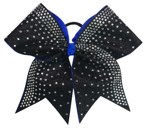 Black glittery cheer bow with electric blue back ribbon with rhinestones on a white background