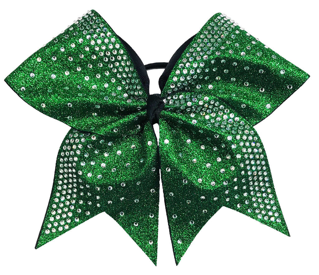 Green glittery cheer bow with rhinestones on a white background