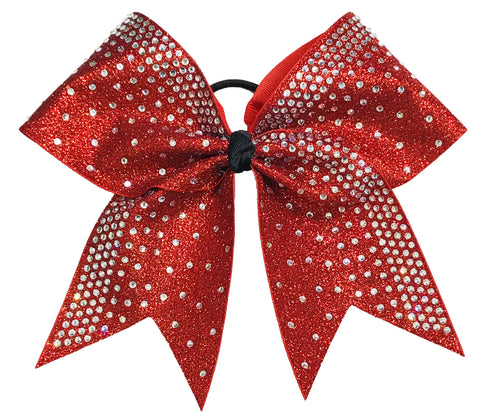 Red glittery cheer bow with rhinestones on a white background