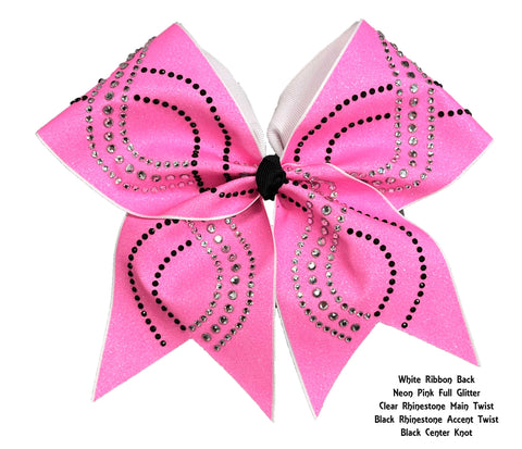 Neon Pink cheer bow with black and clear rhinestones on a white background