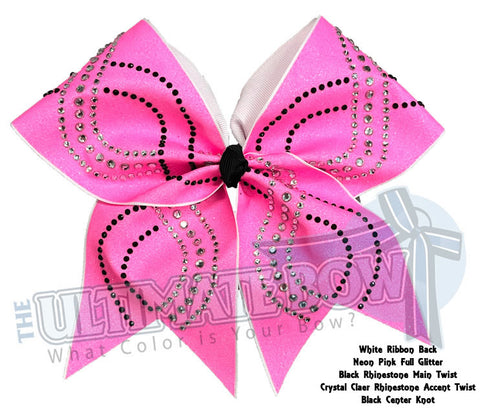 Rhinestone Twist Glitter Cheer Bow | Neon Pink and Black Cheer Bow | Black Rhinestones | Glitter Competition Bow