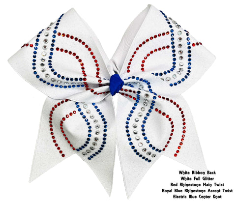 Red, White and blue cheer bow with red and blue rhinestones on a white background
