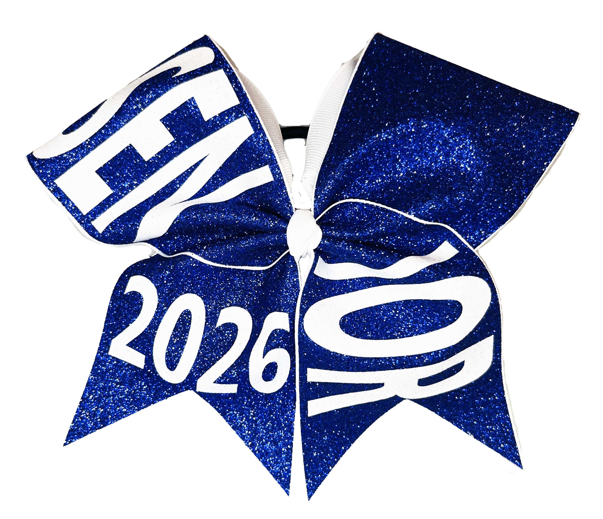 Blue glittery cheer bow with 'SENIOR 2026' text on a white background