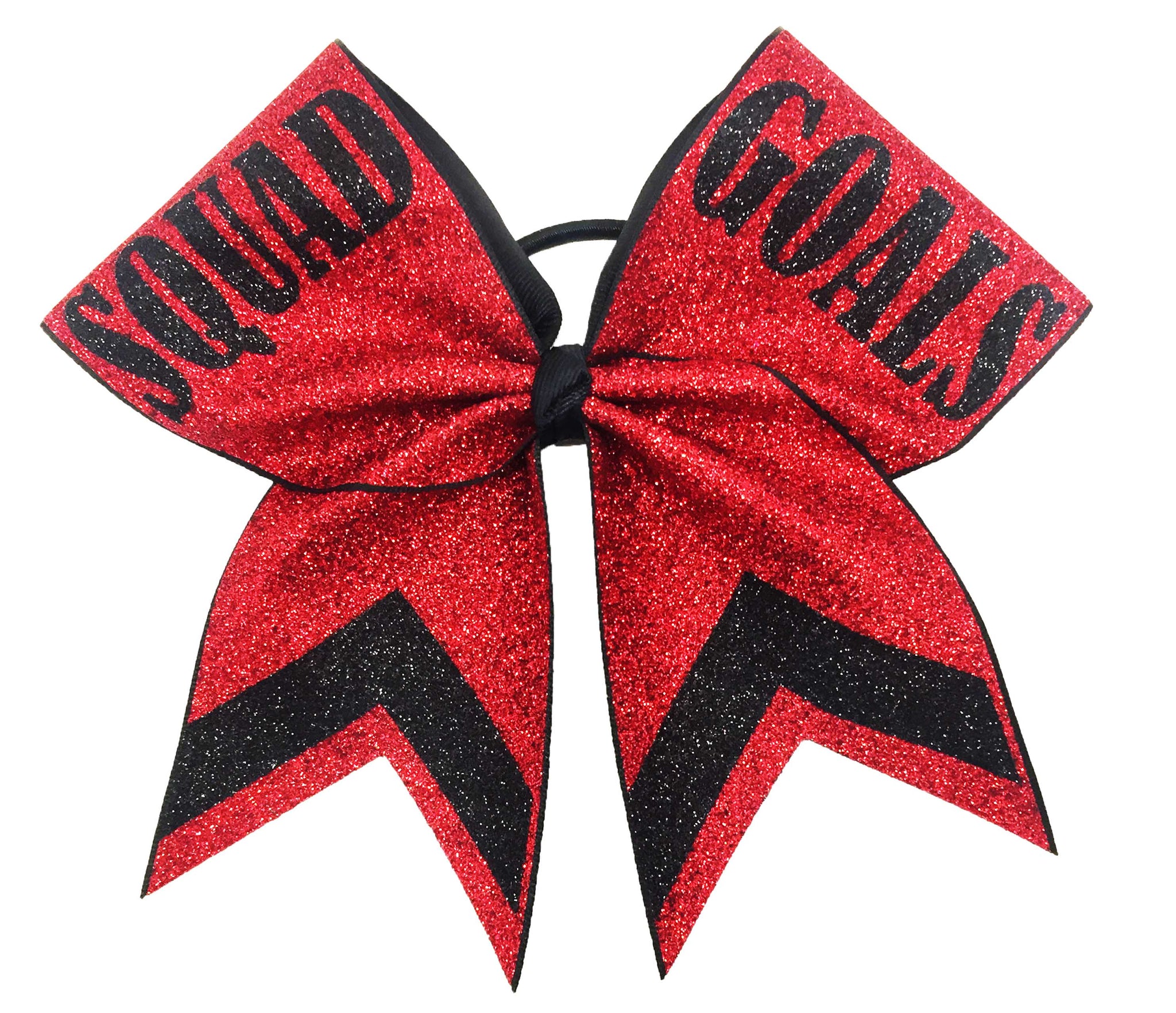Red and black glittery cheer bow with 'SQUAD' and 'GOALS' text on a white background