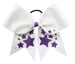 White cheer hair bow with periwinkle glitter stars and rhinestones on a white background