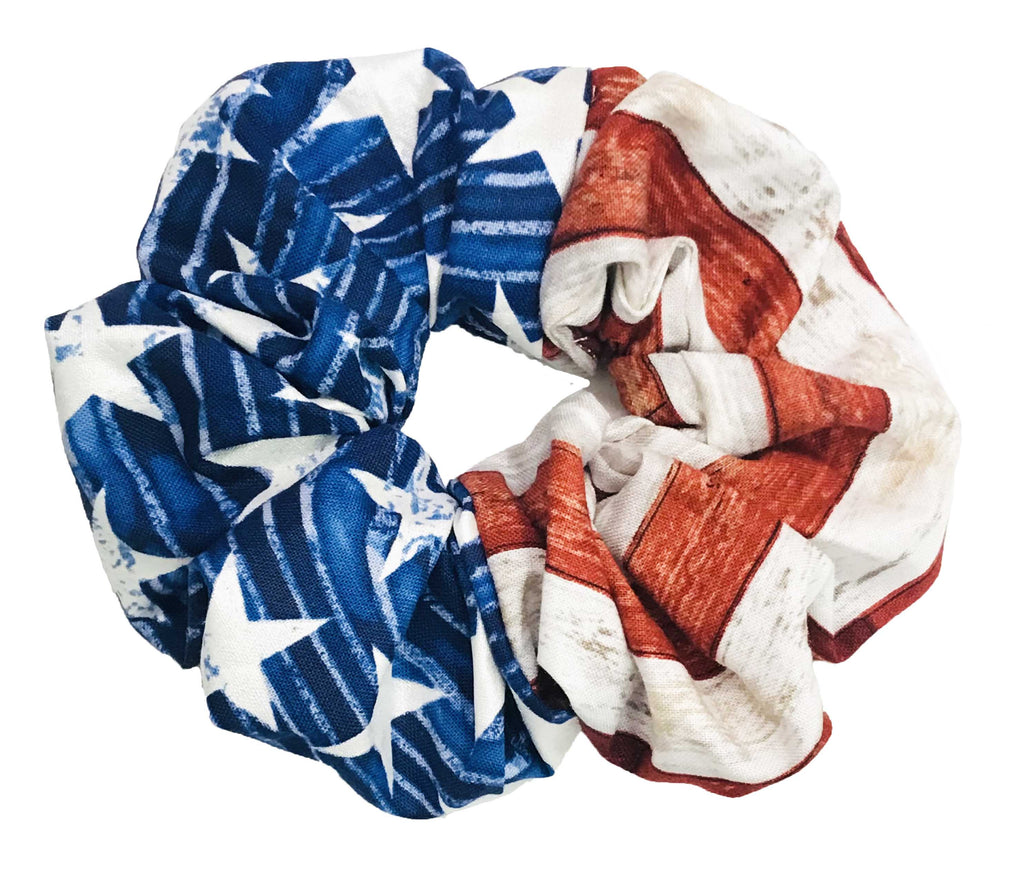 Two-tone scrunchies with American flag designs on a white background