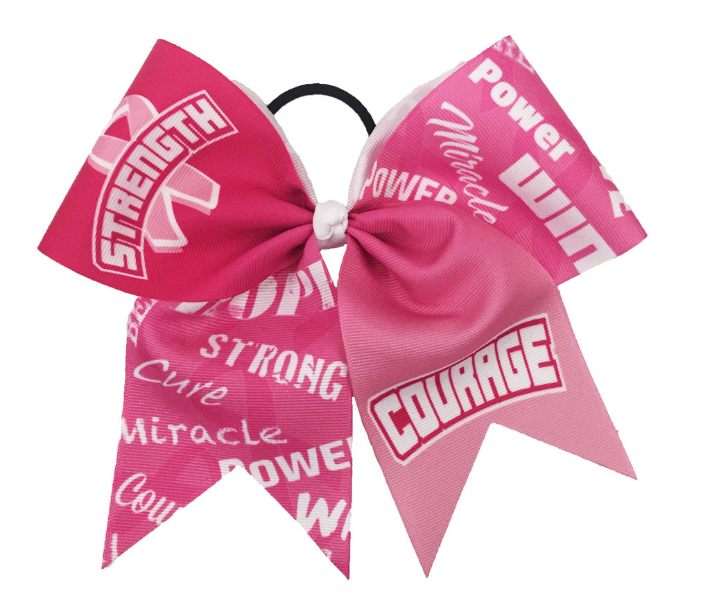 Pink hair bow with motivational breast cancer phrases on a white background