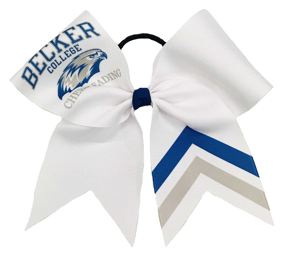 White cheer bow with blue and gray chevron accents and 'Belker College' branding sublimated on a white background