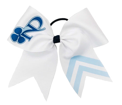 White cheer bow with blue letter 'ND' and light blue chevron pattern sublimated on a white background