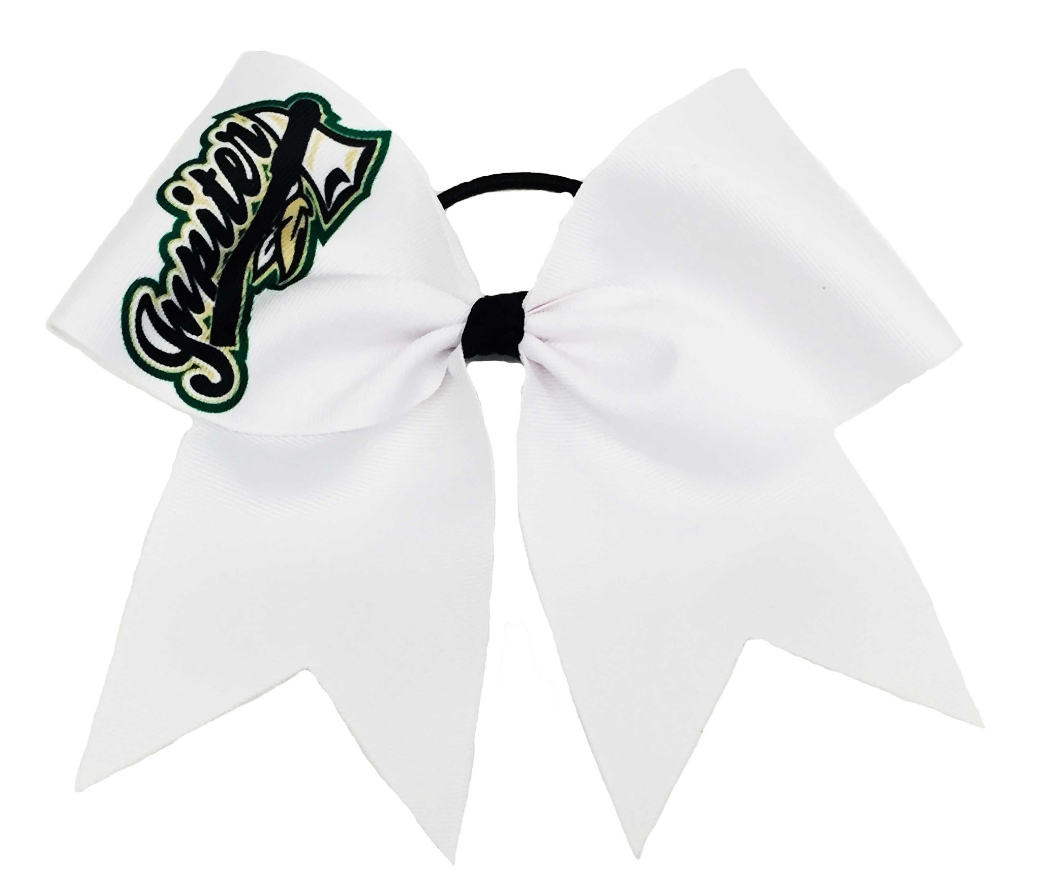 White cheer bow with Warrior Green Sublimated logo on a white background