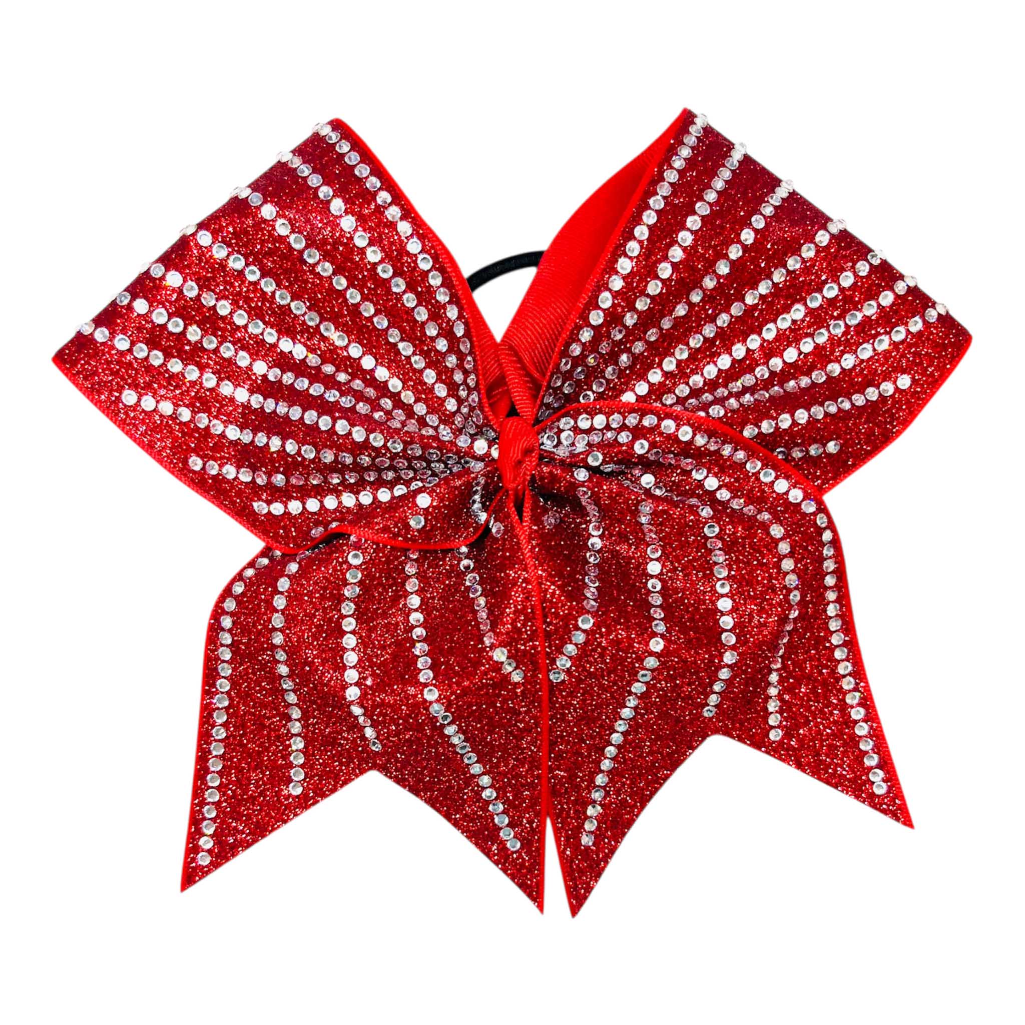 Red glittery hair bow with crystal clear rhinestones on a white background