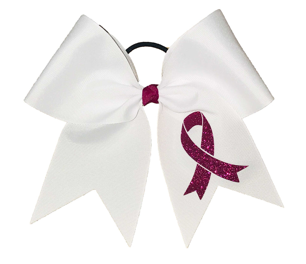 White bow with a pink breast cancer glitter ribbon on a white background