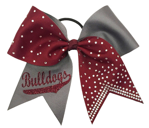 Cheer bow with maroon and gray colors, featuring 'Bulldogs' text, on a white background