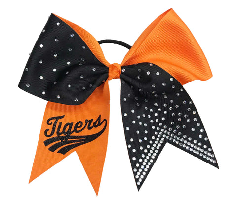 Orange and black cheer bow with 'Tigers' text on a white background