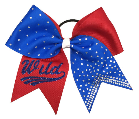 Red and electric blue cheer bow with 'Wild' text on a white background