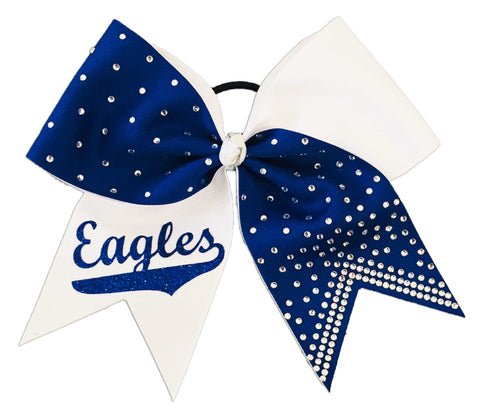 Royal Blue and white cheer bow with 'Eagles' text on a white background