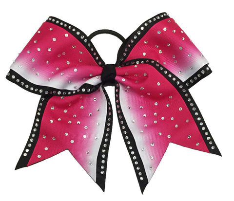 Hot Pink ombre  cheer bow with black edges and silver rhinestones on a white background