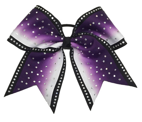 Purple and white ombre with black cheer bow with rhinestones on a white background