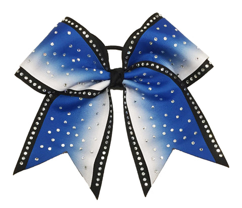 Royal Blue ombre and white cheer bow with rhinestones on a white background