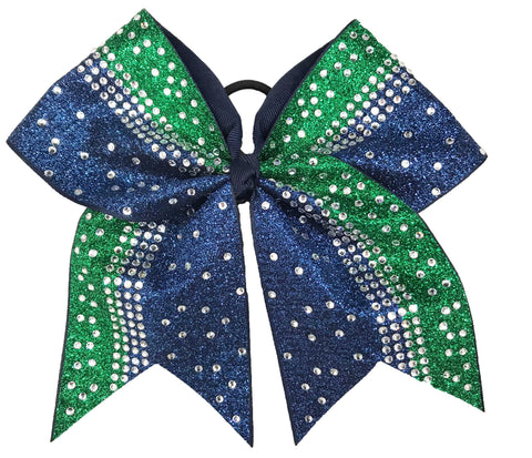 Navy Blue and emerald green glittery cheer hair bow with rhinestones on a white background