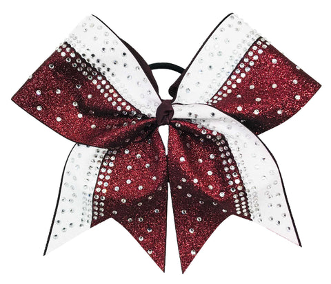 Maroon and white glittery cheer hair bow with rhinestones on a white background