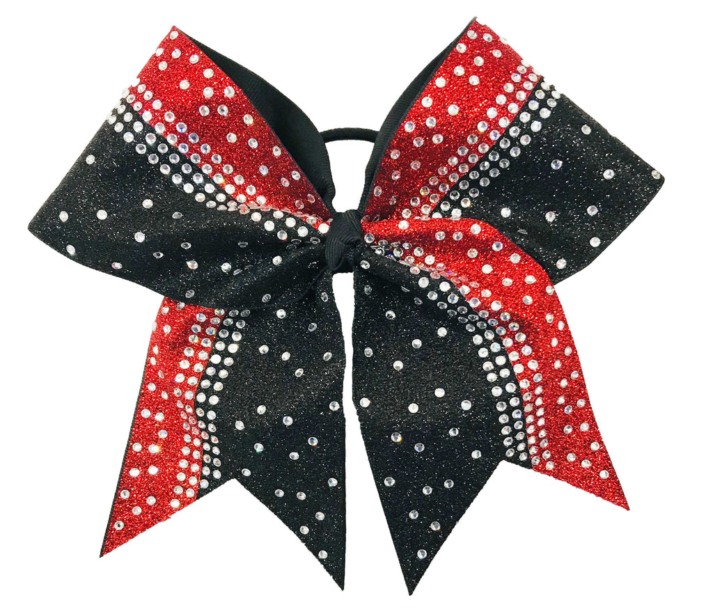 Black and red glittery cheer hair bow with rhinestones on a white background